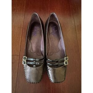 Indigo by Clarks Womens Bronze Metallic Leather Wedge Cutout Heel Pumps Size 7M
